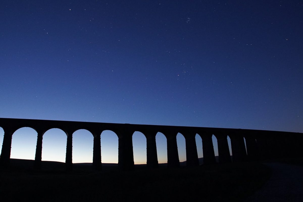 photo of Ribblehead Viaduct silhouette against a dark blu sky