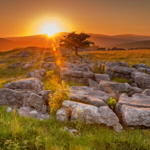 photo of sunset over limestone pavement in the Yorkshire Dales